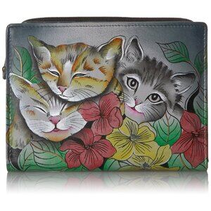 6108 Hand-Painted Leather Two Fold Clutch Wallet - Three Kittens